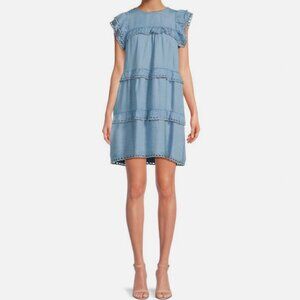 Estellina 100% Tencel Denim Eyelet Sleeveless Ruffle Shift Blue Short Dress S